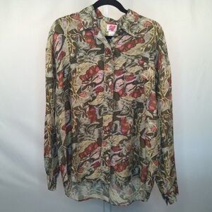 Keren Hart 100% Silk Floral Blouse Women's Size L Vintage Botanical Print